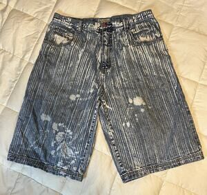 Vintage Y2K Royal Blue Baggy Shorts Mens 38 Blue Denim Jorts Skater Striped